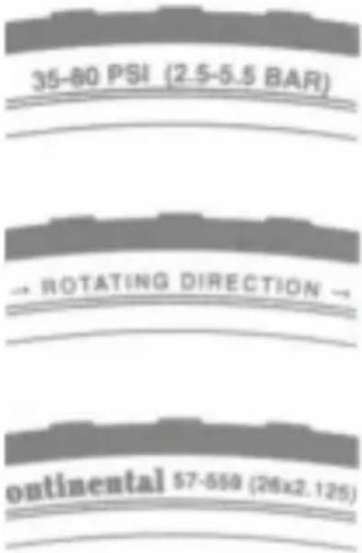 35-80 PSI (2.5-5.5 BAR) → ROTATING DIRECTION → continental 57-650 (26x2.125)