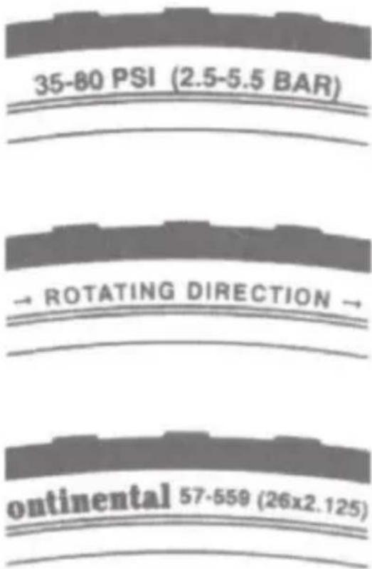 35-80 PSI (2.5-5.5 BAR) → ROTATING DIRECTION → continental 57-559 (26x2.125)