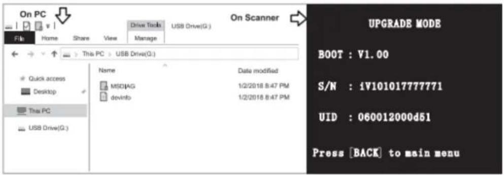 On PC File Home Share View Drive Tools USB Drive(G:) Manage On Scanner UPGRADE MODE BOOT : V1.00 S/N : iV101017777771 UID : 060012000d51 Press BACK to main menu
