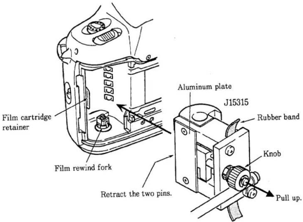 Film cartridge retainer Film rewind fork Retract the two pins. Aluminum plate J15315 Rubber band Knob Pull up.