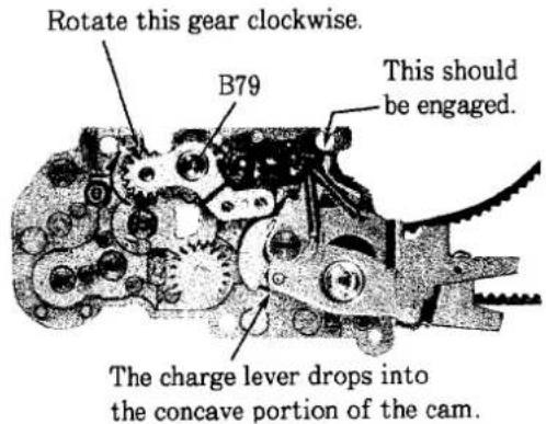 Rotate this gear clockwise. B79 This should be engaged. The charge lever drops into the concave portion of the cam.
