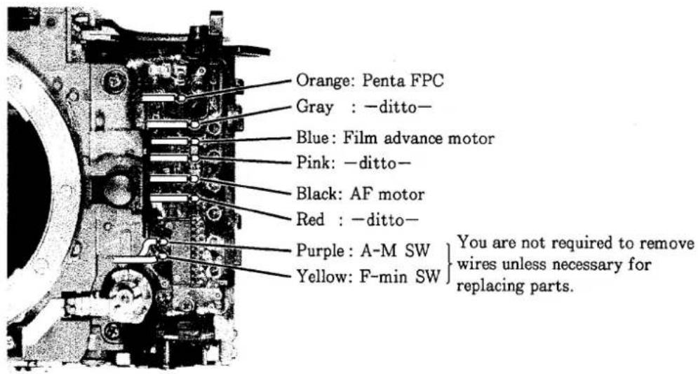 Orange: Penta FPC Gray : -ditto- Blue: Film advance motor Pink: -ditto- Black: AF motor Red : -ditto- Purple : A-M SW Yellow: F-min SW You are not required to remove wires unless necessary for replacing parts.