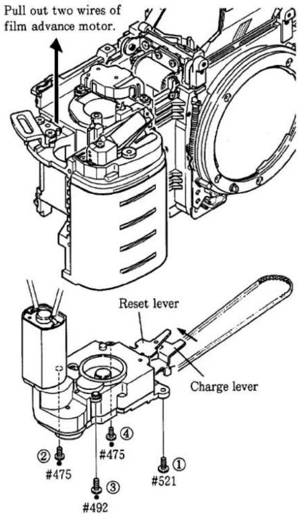 Pull out two wires of film advance motor. Reset lever Charge lever ② #475 #492 #475 ③ #521