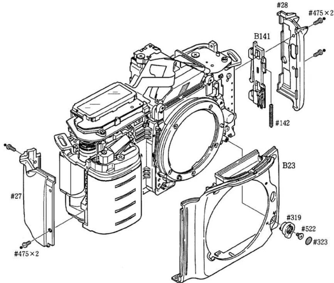 Technical diagram of a mechanical assembly with labeled parts and cross-sectional views