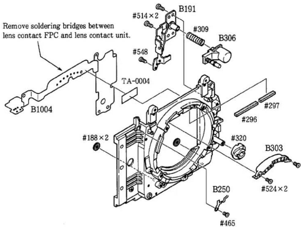 Remove soldering bridges between lens contact FPC and lens contact unit. B1004 TA-0004 #514×2 B191 #309 B306 #548 #297 #296 #320 B303 #524×2 #188×2 B250 #465