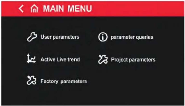 MAIN MENU User parameters parameter queries Active Live trend Project parameters Factory parameters