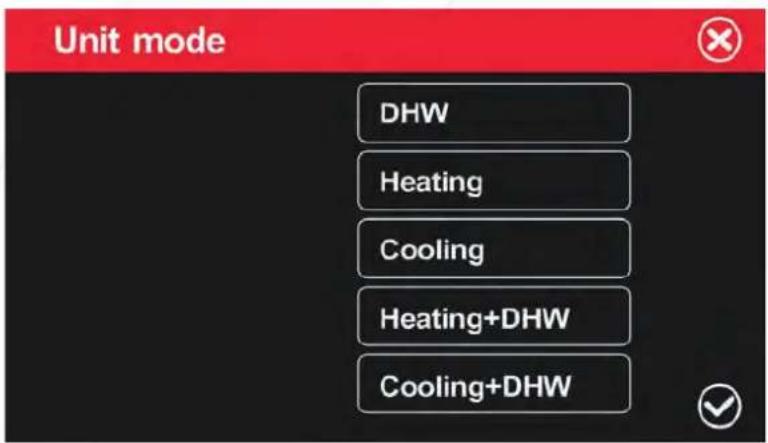 Unit mode DHW Heating Cooling Heating+DHW Cooling+DHW