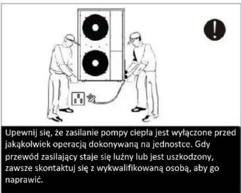 Upewnij się, że zasilanie pompy ciepła jest wyłączone przed jakąkolwiek operacją dokonywaną na jednostce. Gdy przewód zasilający staje się lużny lub jest uszkodzony, zawsze skontaktuj się z wykwalifikowaną osobą, aby go naprawić.