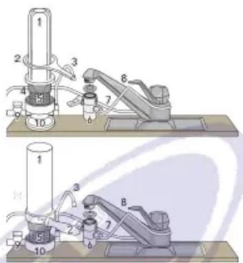 Technical diagram showing two mechanical assembly setups with numbered components and labeled parts