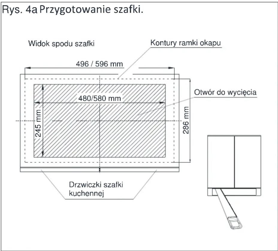 Rys. 4a Przygotowanie szafki. Widok spodu szafki Kontury ramki okapu 496 / 596 mm 480/580 mm 245 mm 286 mm Otwór do wycięcia Drzwiczki szafki kuchennej