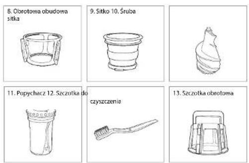 8. Obrotowa obudowa sitka 9. Sitko 10. Śruba 11. Popychatz 12. Szczotka do czyszczenia 13. Szczotka obrotowa