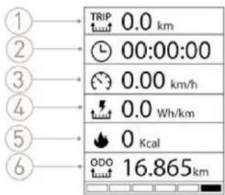 1 2 3 4 5 6 TRIP 0.0 km 00:00:00 0.00 km/h 0.0 Wh/km 0 Kcal ODO 16.865 km