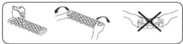 Illustration showing three hand gestures: a keyboard, a curved arrow, and a crossed-out hand (no text or symbols)