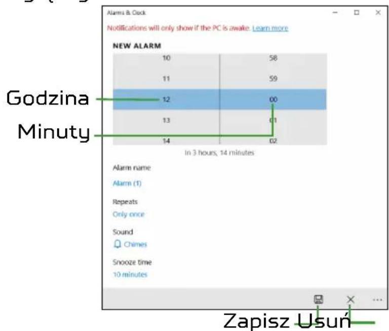 Alarms & Clock Notifications will only show if the PC is awake. Learn more NEW ALARM 10 58 11 59 12 00 13 01 14 02 Godzina Minuty In 3 hours, 14 minutes Alarm name Alarm (1) Repeats Only once Sound Chimes Snooze time 10 minutes Zapisz Usuń