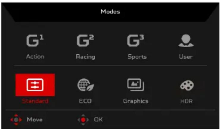 Modes G¹ Action G² Racing G³ Sports User Standard ECO Graphics HDR Move OK
