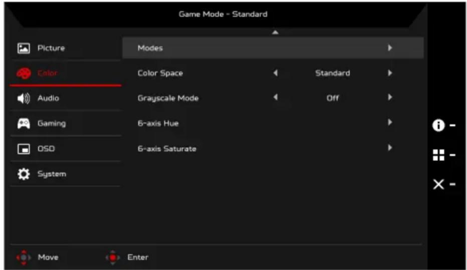 Game Mode - Standard Picture Color Audio Gaming OSO System Modes Color Space Grayscale Mode 6-axis Hue 6-axis Saturate Standard Off Move Enter