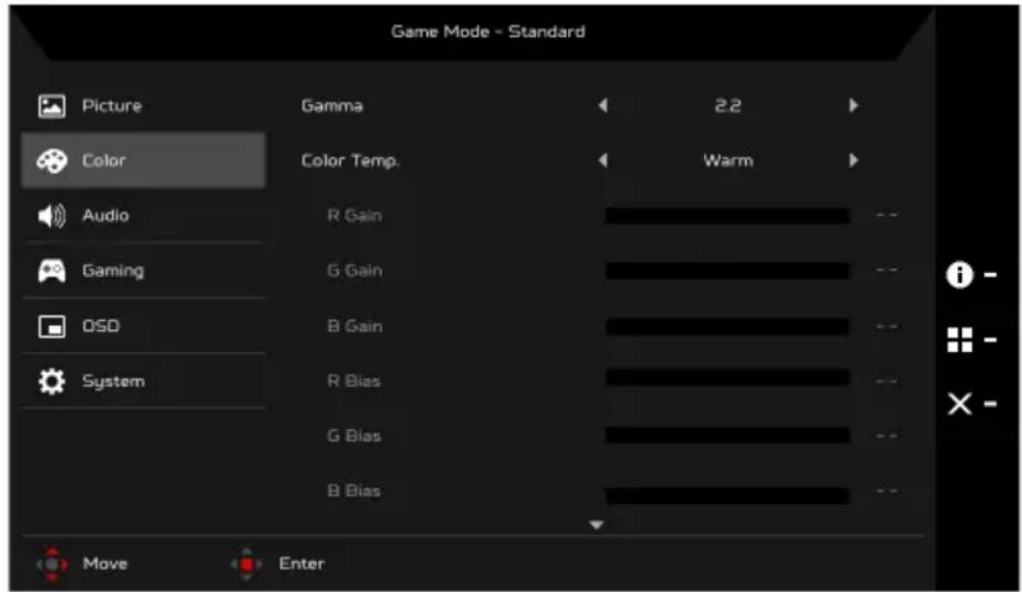 Game Mode - Standard Picture Gamma 2.2 Color Color Temp. Audio R Gain Warm Gaming G Gain OSD B Gain -- System R Bias -- G Bias -- B Bias -- Move Enter