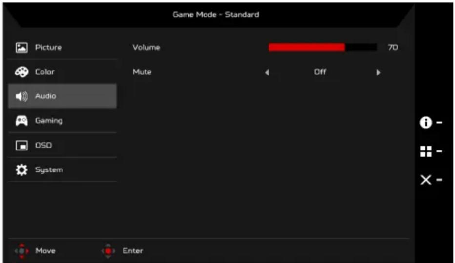 Game Mode - Standard Picture Volume 70 Color Mute Off Audio Gaming OSD System Move Enter
