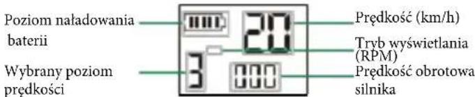 Poziom naładowania baterii 20 3 800 Prędkość (km/h) Tryb wyświetlania (RPM) Prędkość obrotowa silnika