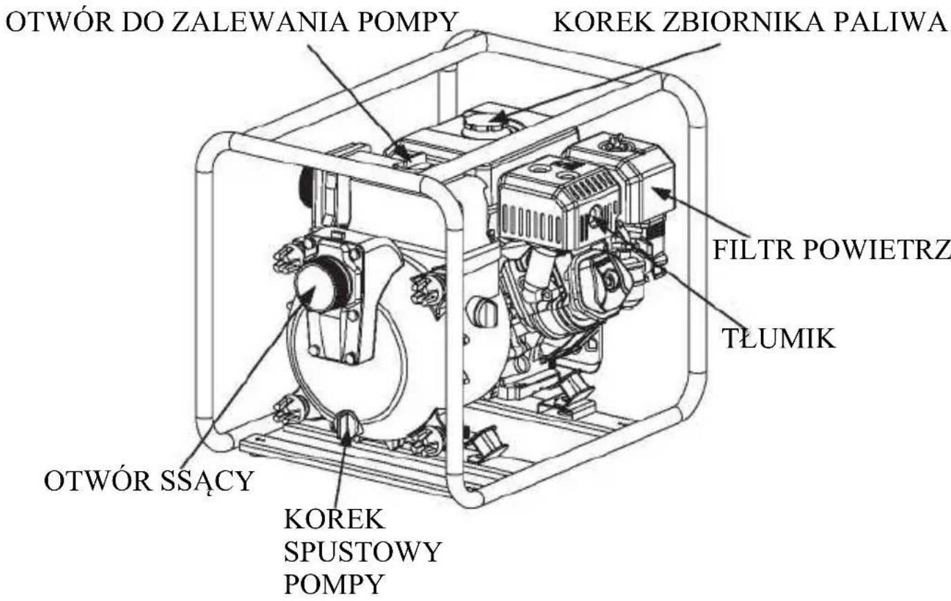 OTWÓR DO ZALEWANIA POMPY KOREK ZBIORNIKA PALIWA FILTR POWIETRZ TŁUMIK OTWÓR SSĄCY KOREK SPUSTOWY POMPY