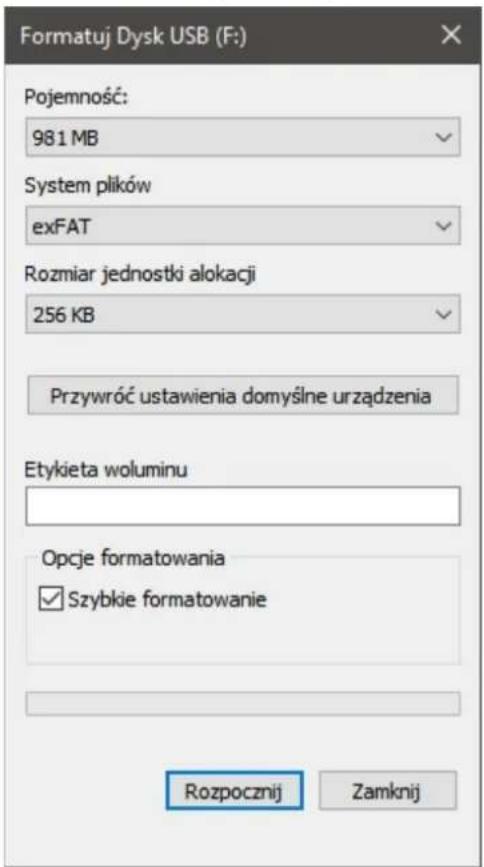 Formatuj Dysk USB (F:) Pojemność: 981 MB System plików exFAT Rozmiar jednostki alokacji 256 KB Przywróć ustawienia domyślne urządzenia Etykieta woluminu Opcje formatowania ✓ Szybkie formatowanie Rozpocznij Zamknij