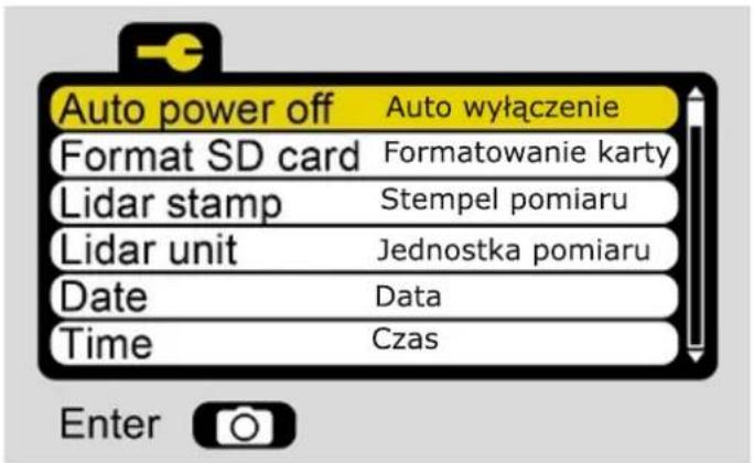 Auto power off Format SD card Lidar stamp Lidar unit Date Time Auto wyłączenie Formatowanie karty Stempel pomiaru Jednostka pomiaru Data Czas Enter