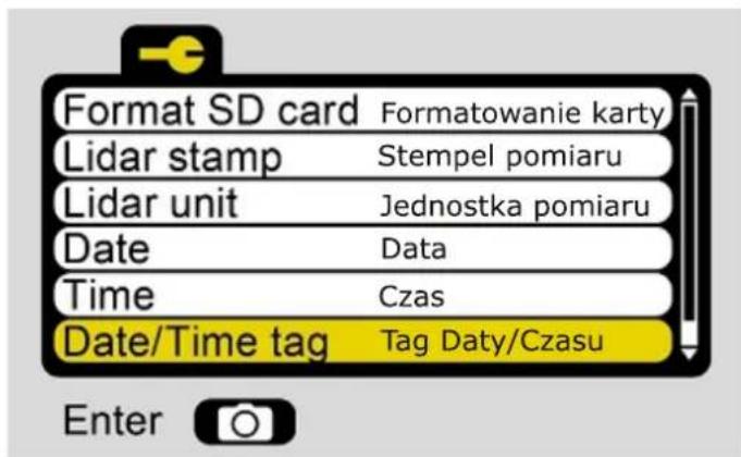 Format SD card Formatowanie karty Lidar stamp Stempel pomiaru Lidar unit Jednostka pomiaru Date Data Time Czas Date/Time tag Tag Daty/Czasu Enter