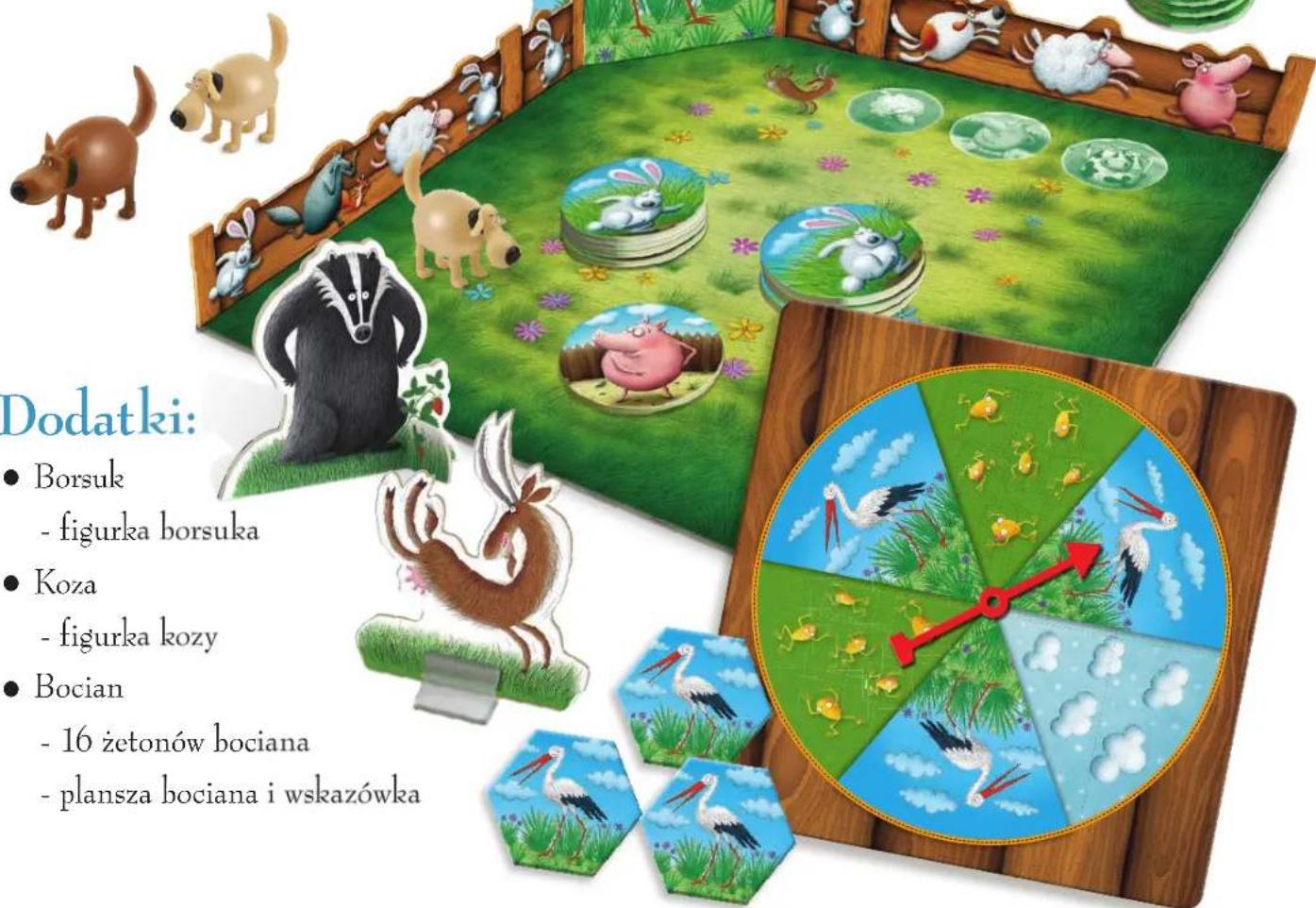 Dodatki: • Borsuk - figurka borsuka • Koza - figurka kozy • Bocian - 16 żetonów bociana - plansza bociana i wskazówka