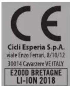 CE Cicli Esperia S.p.A. viale Enzo Ferrari, 8/10/12 30014 Cavarzere VE ITALY E200D BRETAGNE LI-ION 2018