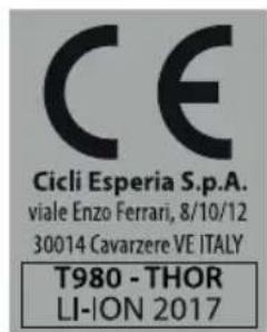 CE Cicli Esperia S.p.A. viale Enzo Ferrari, 8/10/12 30014 Cavarzere VE ITALY T980 - THOR LI-ION 2017
