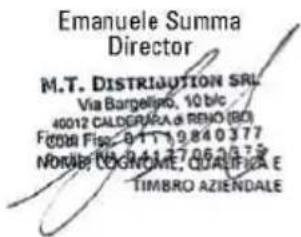 Emanuele Summa Director M.T. DISTRIBUTION SRL Via Bargelliro, 10 blc 40012 CALDERARA DI RENO (BD) FCAI Fisi: 9411 9840377 NOME: NO GNOOME, QUALIFICA E TIMBRO AZIENDALE