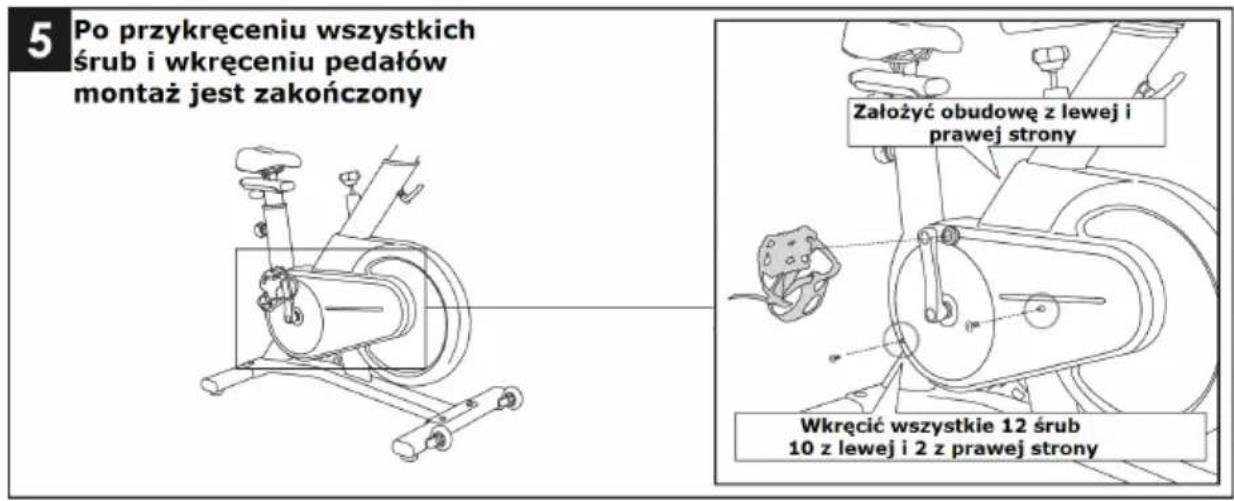 5 Po przykręceniu wszystkich śrub i wkręceniu pedałów montaż jest zakończony Założyć obudowę z lewej i prawej strony Wkręcić wszystkie 12 śrub 10 z lewej i 2 z prawej strony