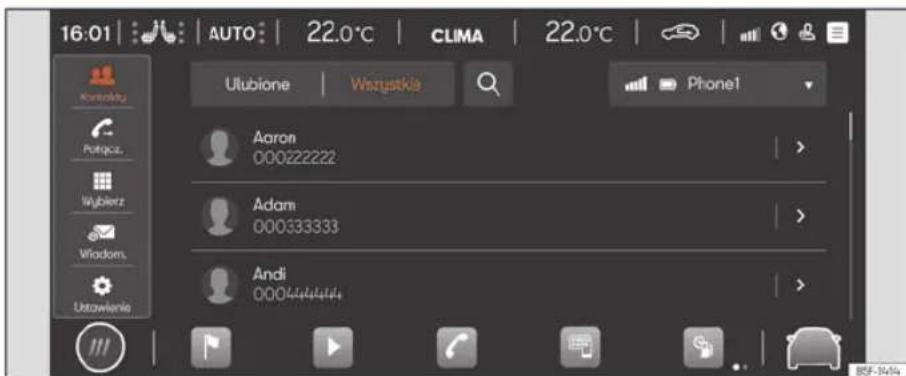 16:01 | AUTO | 22.0°C | CLIMA | 22.0°C | Konzerny Portugal... Wybierz Wisdom. Ustawianie Ulubione | Wszystkie Phone1 Aaron 000222222 Adam 000333333 Andi 0004444444