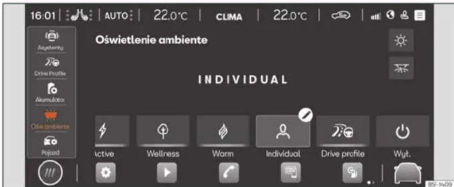 16:01 | AUTO | 22.0°C | CLIMA | 22.0°C | Oświetlenie ambiente INDIVIDUAL Apostersky Drive Profile Akumulator Obie ambiente Pojazd active Wellness Warm Individual. Drive profile Wyt. B5F-14-09