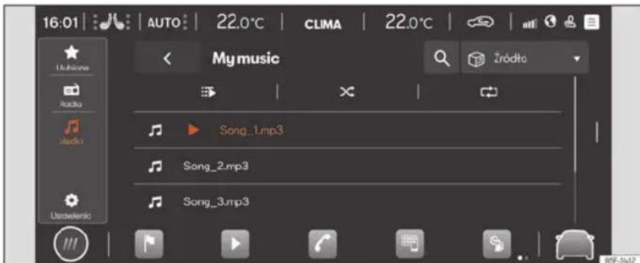 16:01 AUTO 22.0°C CLIMA 22.0°C My music Zródko Udahione Radio Audio Ustawlenio Song_1.mp3 Song_2.mp3 Song_3.mp3 B5F-3442