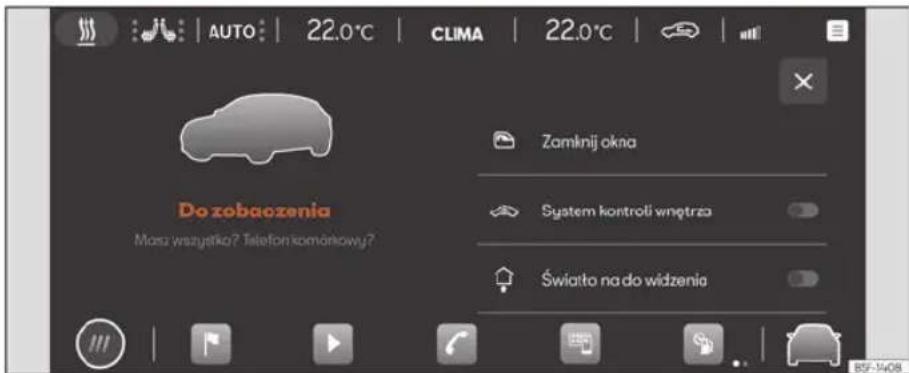 AUTO: 22.0°C CLIMA 22.0°C Do zobaczenia Mazw wszyszka? Telefon komóniowy? Zamijnj okna System kontroli wnetrza Świarto na do widzenia B57-1408