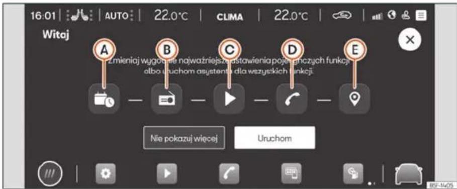 16:01 | AUTO | 22.0°C | CLIMA | 22.0°C | Witaj A Zmieniaj wygoćne najważniejsztastawienia pojętygicznych funkcji albo uruchom asystente dla wszystkich funkcji B C D E Nie pokazuj więcej Uruchom