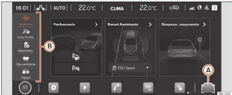 16:01 AUTO 22.0°C CLIMA 22.0°C Aguaranty Ootive Profile Akumulator Otw ambiente Pojazd B Parkowanie > Smart Assistants > Rozpozn. zmeczenia > ESC Sport A B5F-1407