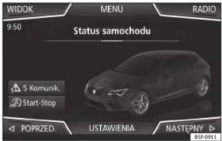 WIDOK MENU RADIO 9:50 Status samochodu 5 Komunik. Start-Stop POPRZED. USTAWIENIA NASTEPNY BSF-091.1