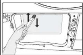 Diagram of a hand holding a pen near a vehicle's door panel, with arrows indicating direction (no text or symbols present).