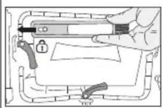Diagram showing a hand holding a device with a lock and two attached sensors, labeled 'T01' at the bottom.