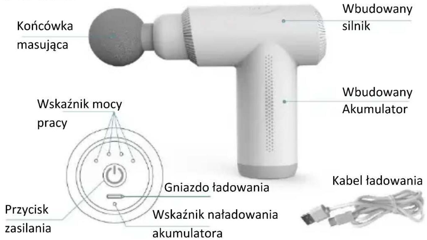 Końcówka masująca Wbudowany silnik W budowany Akumulator Wskaźnik mocy pracy Przycisk zasilania Gniazdo ładowania Wskaźnik naładowania akumulatora Kabel ładowania