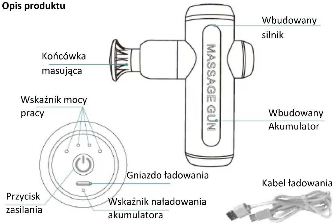 Opis produktu Wbudowany silnik Końcówka masująca Wskaznik mocy pracy Wbudowany Akumulator Gniazdo ładowania Przycisk zasilania Wskaznik naładowania akumulatora Kabel ładowania