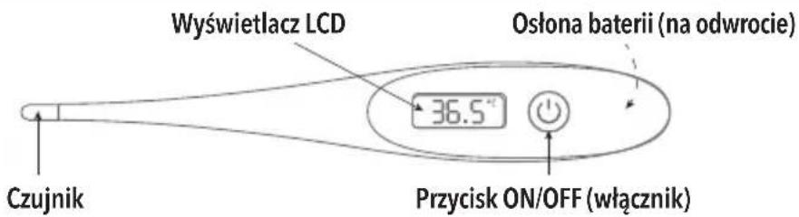 Wyświetlacz LCD Osłona baterii (na odwrocie) 36.5° Przycisk ON/OFF (włącznik) Czujnik