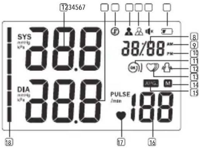 1234567 SYS (###) kPa 88.8 DIA (###) kPa 88.8 PULSE /min 18 17 16 38/88 AM PM OK! AVG. M 8 9 10 11 12 13 14 15