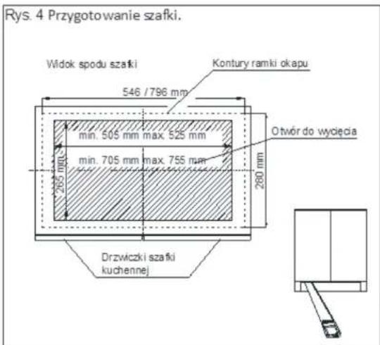 Rys. 4 Przygotowanie szafki. Widok spodu szafki 546 /796 mm Kontury ramki okapu Otwór do wycięcia min. 505 mm max. 525 mm min. 705 mm max. 755 mm 265 mm 280 mm Drzwiczki szafki kuchennej