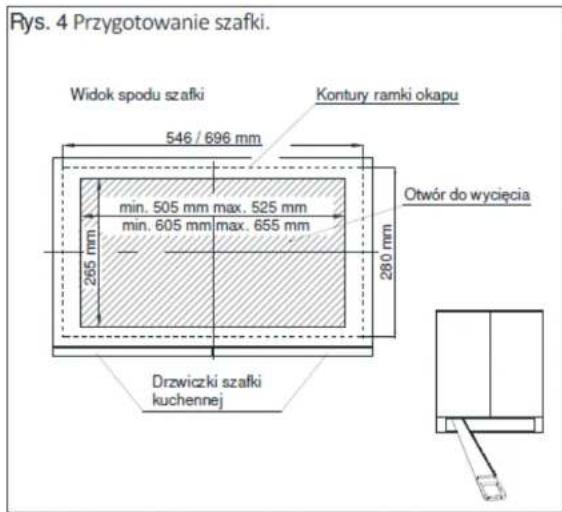 Rys. 4 Przygotowanie szafki. Widok spodu szafki 546 / 696 mm Kontury ramki okapu min. 505 mm max. 525 mm min. 605 mm max. 655 mm 265 mm 280 mm Otwór do wycięcia Drzwiczki szafki kuchennej