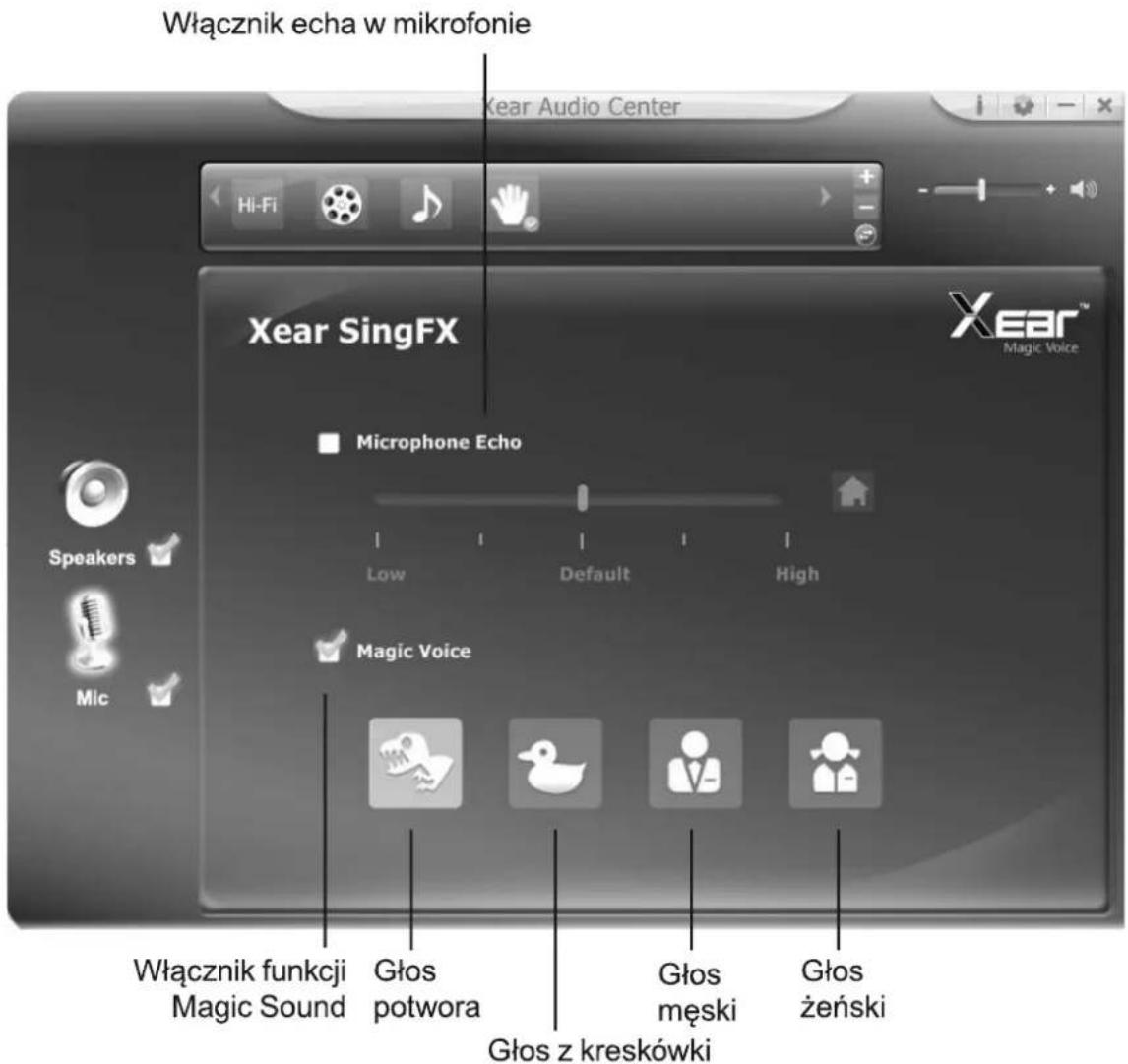 Włącznik echa w mikrofonie Xear Audio Center Hi-Fi Xear SingFX Microphone Echo Low Default High Magic Voice Włącznik funkcji Magic Sound Głos potwora Głos z kreskówki Głos męski Głos żeński Xear™ Magic Voice