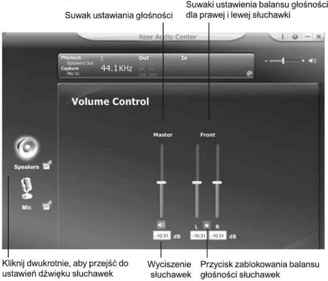 Suwak ustawiania głośności Xear Audio Center Suwaki ustawienia balansu głośności dla prawej i lewej słuchawki Playback 2 Out In Speakers Out Capture 44.1 KHz EM VF Mic In VSS SNX Volume Control Master Front Speakers Mic -10.31 dB L R -10.31 dB Kliknij dwukrotnie, aby przejść do ustawień dźwięku słuchawek Wyciszenie słuchawek Przycisk zablokowania balansu głośności słuchawek