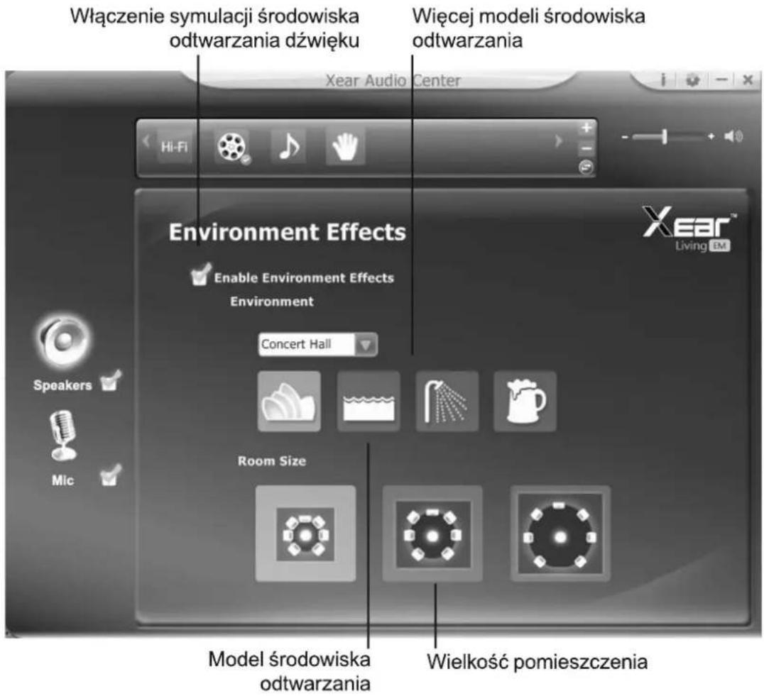 Włączenie symulacji środowiska odtwarzania dźwięku Wiecej modeli środowiska odtwarzania Xear Audio Center Hi-Fi Environment Effects Enable Environment Effects Environment Concert Hall Room Size Speakers Mic Model środowiska odtwarzania Wielkość pomieszczenia